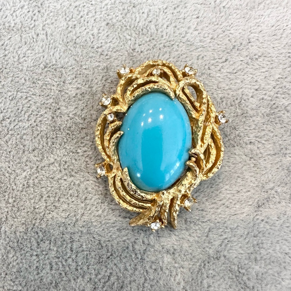 Vintage Polani Gold And Faux Turquoise Cabochon With Clear Rhinestone Brooch